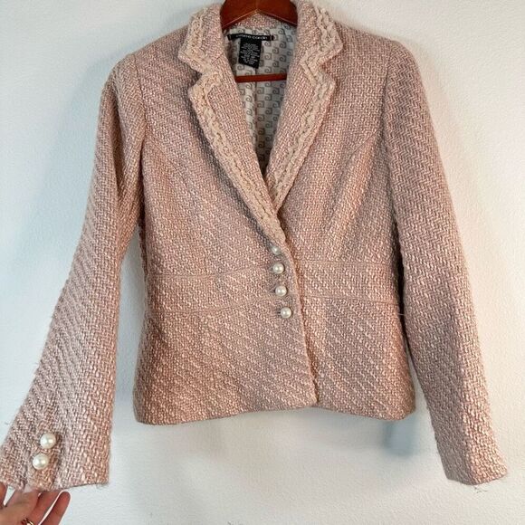 Vintage Y2K Pierre Cardin Pink Tweed Blazer Women’s 8P Preppy Coquette Pearls - Picture 3 of 8